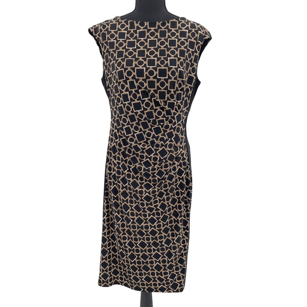 Lauren Ralph Lauren Dress Womens 12 Black Tan Geometric Chain Sheath Ruched Work